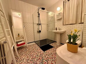 Douche, sèche-cheveux, serviettes fournies, savon