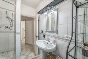 Een badkamer met een douche, wastafel en spiegel.