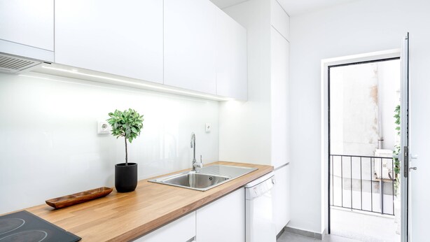 Une cuisine moderne avec des meubles blancs, un plan de travail en bois, un lave-vaisselle encastré et une plante en pot.