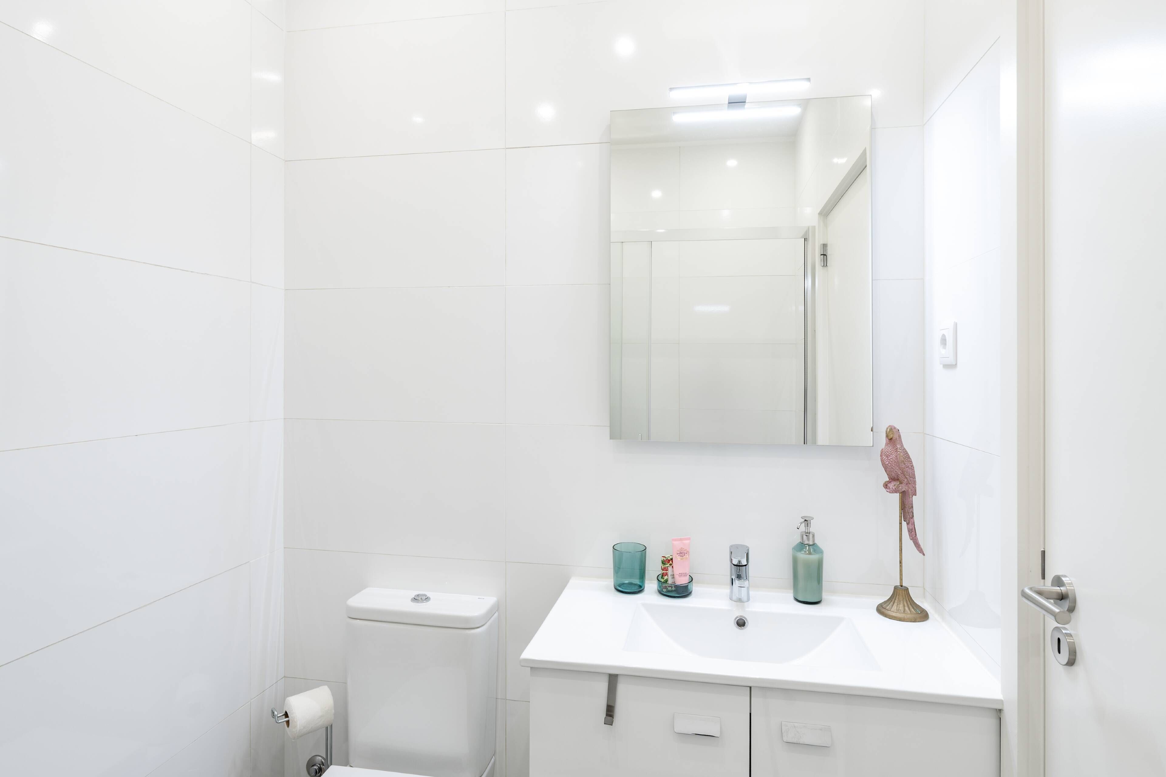Een badkamer met witte tegels, een toilet, een wastafel met een spiegel erboven en een vogelbeeldje op de wastafel.