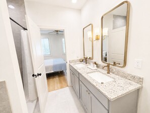 Hair dryer, towels, soap, shampoo
