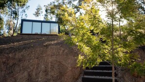 A modern building with a glass facade, situated on a hillside with a staircase leading up to it. - Golden View (Alvaiázere)