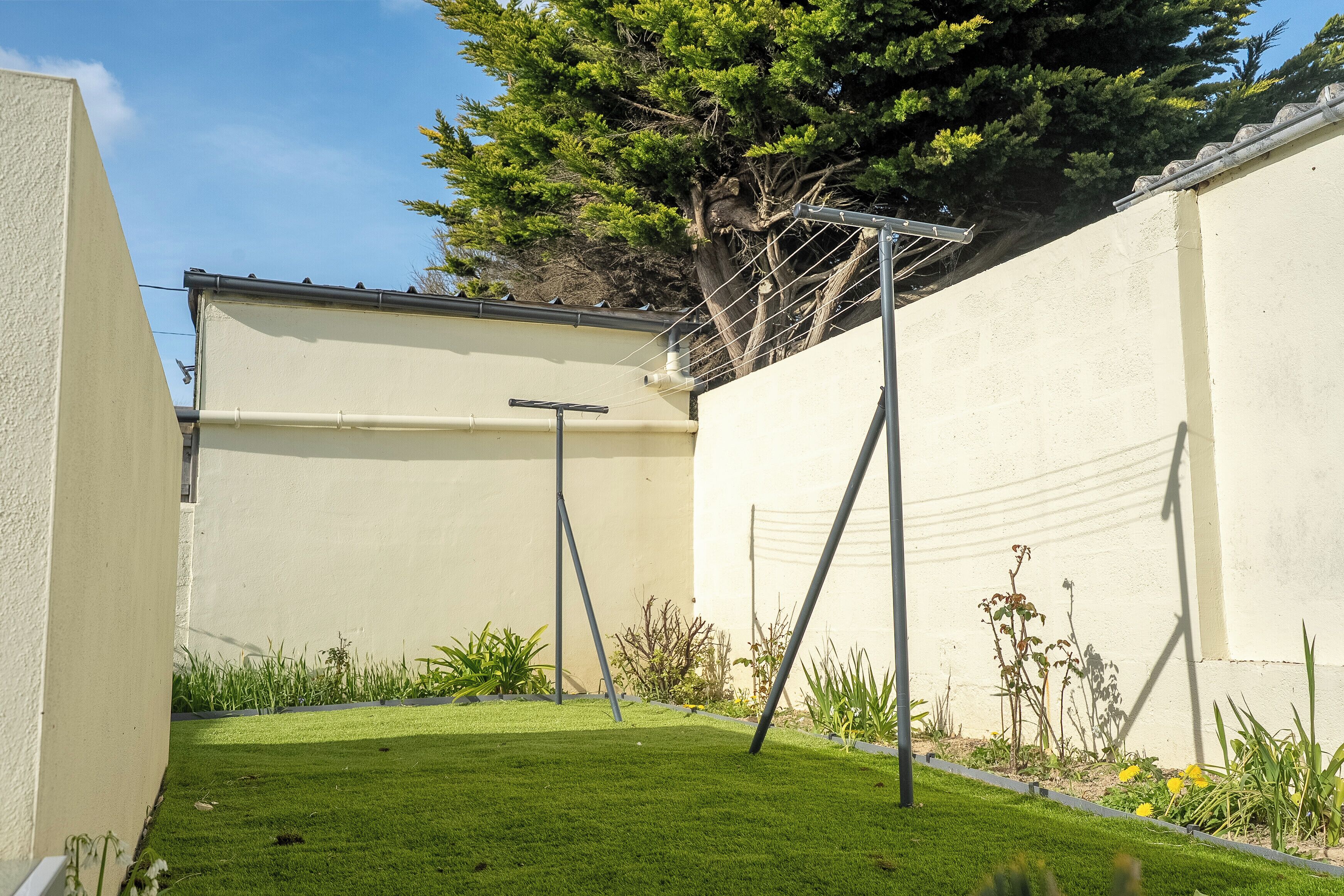 A fenced backyard with a lawn, a metal structure, and a tree.