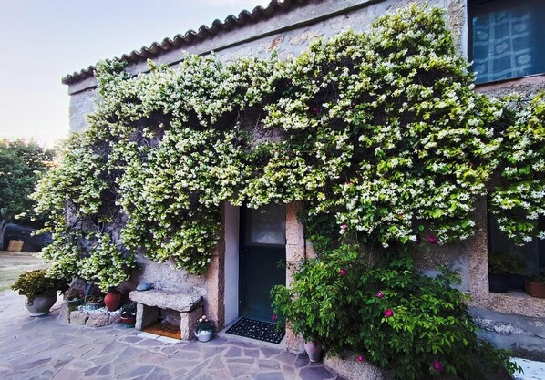 A stone building with a covered entrance, potted plants, and a bench outside.
