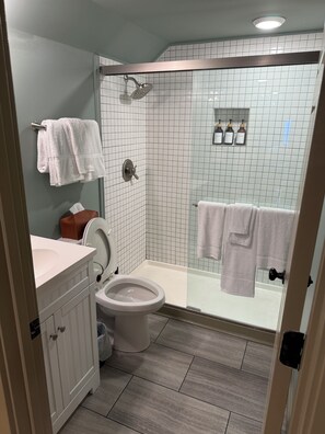 Shower, hair dryer, towels, soap