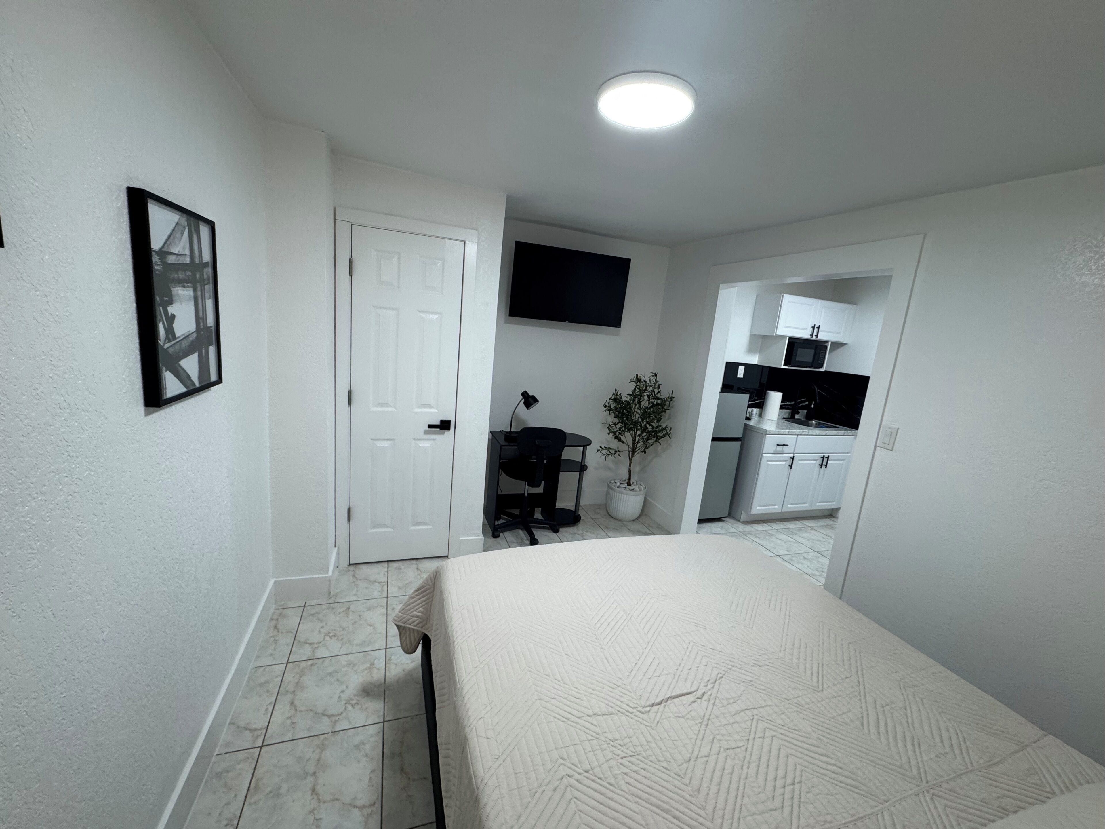 Un dormitorio con cama, escritorio, silla, planta en maceta, una puerta y una cocina al fondo.