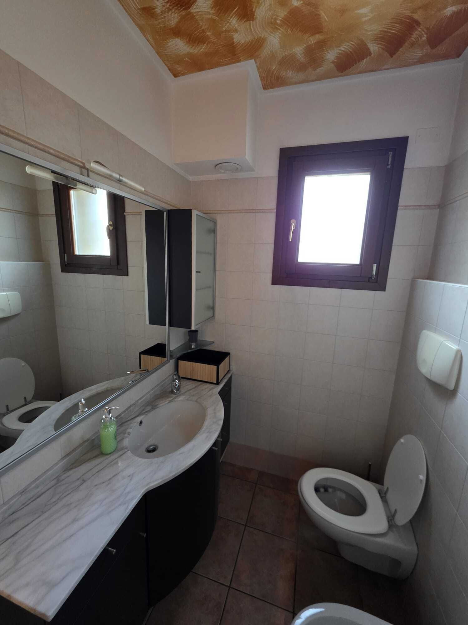 A bathroom with a marble sink, a mirror, a window, and two toilets.