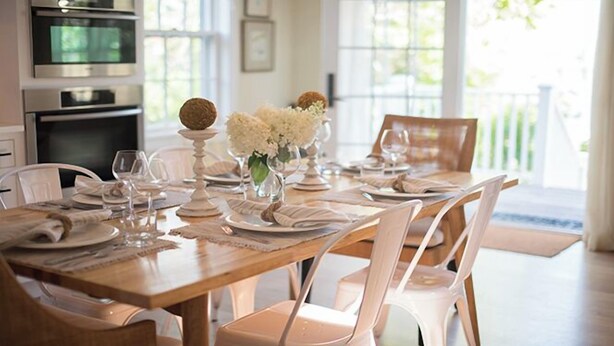 A dining table set with white plates, glasses, and a centerpiece of white flowers. - 2.5 bedroom, 2.5 bathroom (Nantucket)