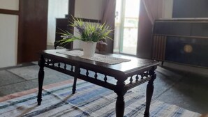 Een houten tafel met een geweven placemat, een plant in pot en een gestreept vloerkleed in een kamer met een raam en gordijnen.