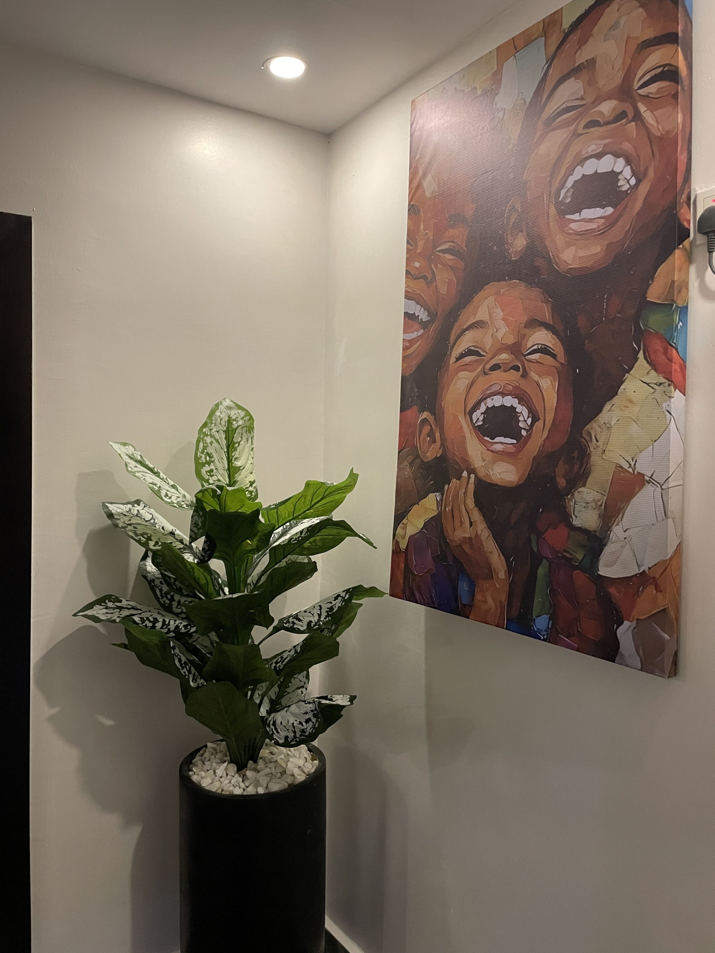 Una planta en maceta con hojas variegadas en una maceta negra, una pared con un cuadro abstracto de colores, y una luz empotrada en el techo.