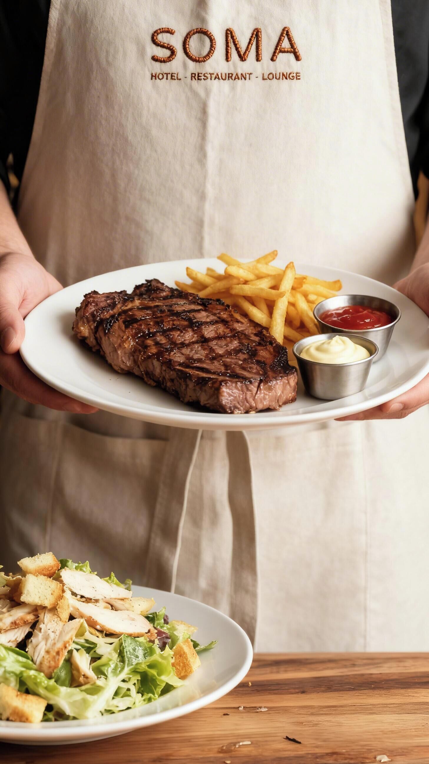 A person holding a plate with steak, fries, and condiments, and a salad on a table.