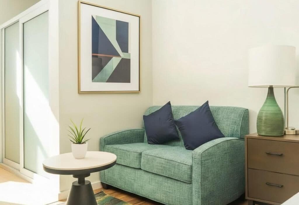 Een groene bank met twee donkere kussens, een klein rond tafeltje met een potplant, een lijst met abstracte kunst, een lamp en een ladekast.