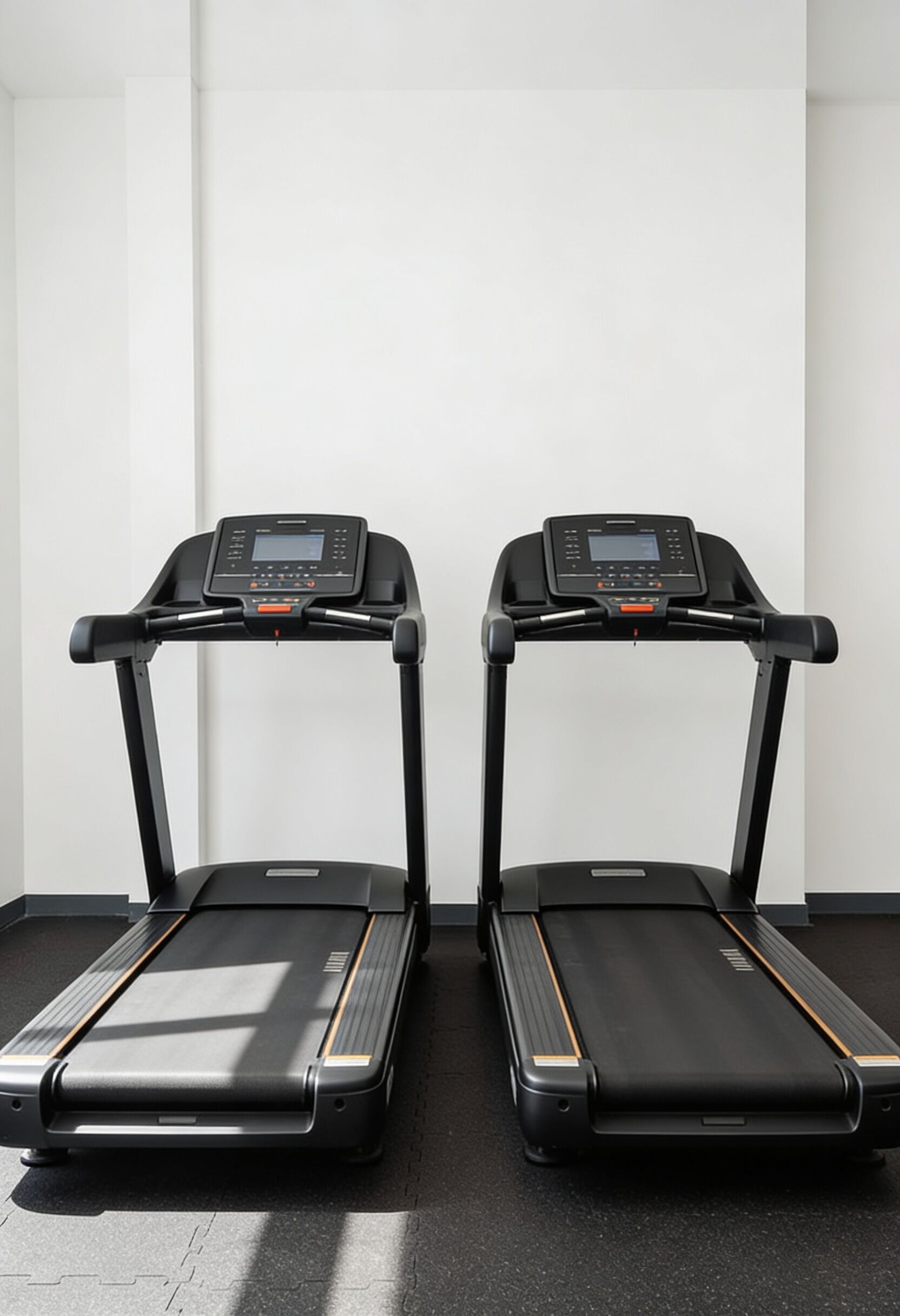 Two black treadmills side by side in a room with a plain white wall and a black floor.
