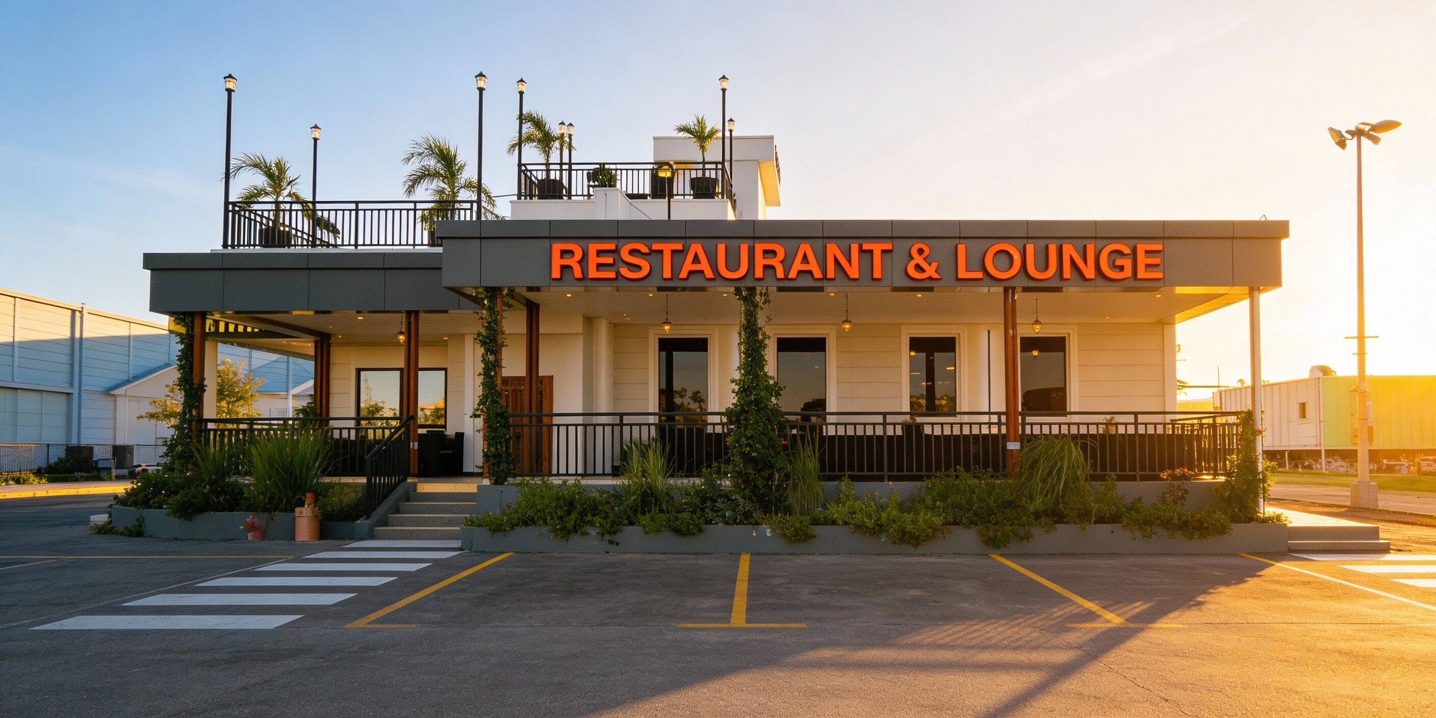 A restaurant and lounge with a modern design, outdoor seating, and a clear view of the parking lot.