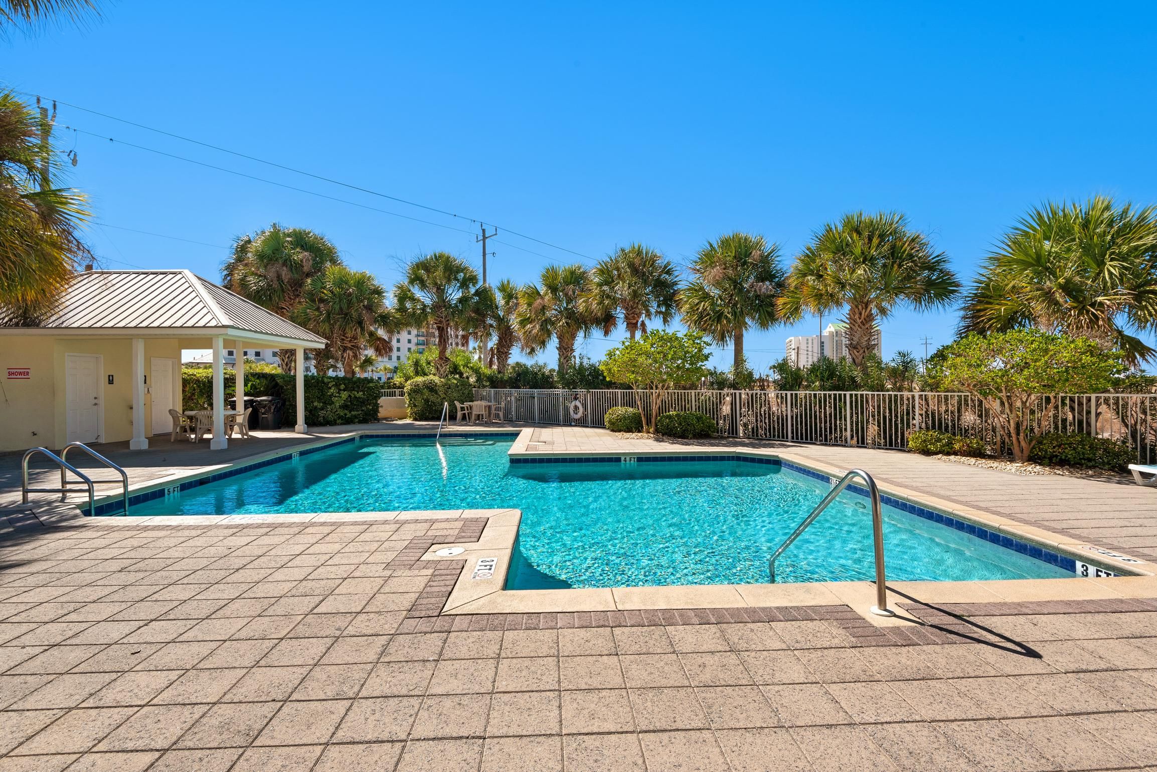 A rectangular swimming pool with a tiled deck, surrounded by palm trees and a fenced area.