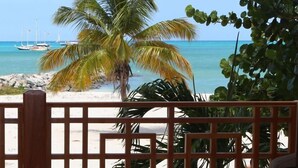 Blick auf einen Strand mit einer Palme, einem Holzzaun und einem Stuhl.
