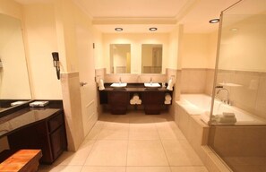 Suite, 2 Double Beds, Beach View | Bathroom | Separate tub and shower, hair dryer, towels, soap