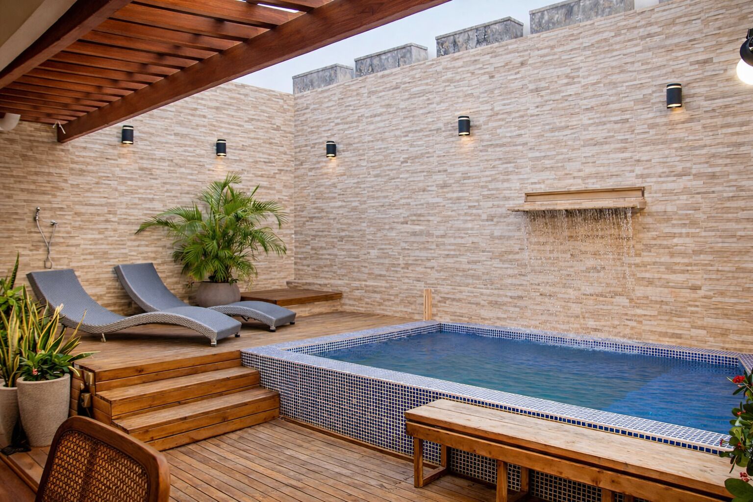 A rooftop pool area with a wooden deck, lounge chairs, a small hot tub, and a wall with built-in lighting.