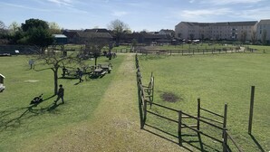 Eine grüne Wiese mit Picknicktischen, einem Holzzaun und Gebäuden im Hintergrund.
