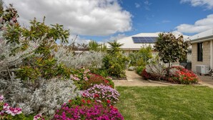 Un jardin avec différentes plantes et fleurs, un sentier et un bâtiment équipé d’un panneau solaire.