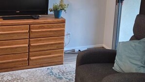 Habitació amb un lucern, un televisor sobre un moble de fusta, una planta en test i un sofà, a més d'una catifes amb dibuixos.