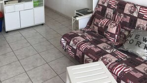A compact living space with a kitchenette, a sofa with a Broadway-themed cover, a small table, and a wall-mounted air conditioner. - Port Nature Studio 627 - 3 people (AGDE)