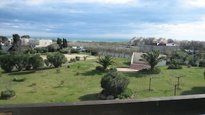 Ein Wohngebiet mit Rasenfläche, Palmen und Blick auf das Meer.