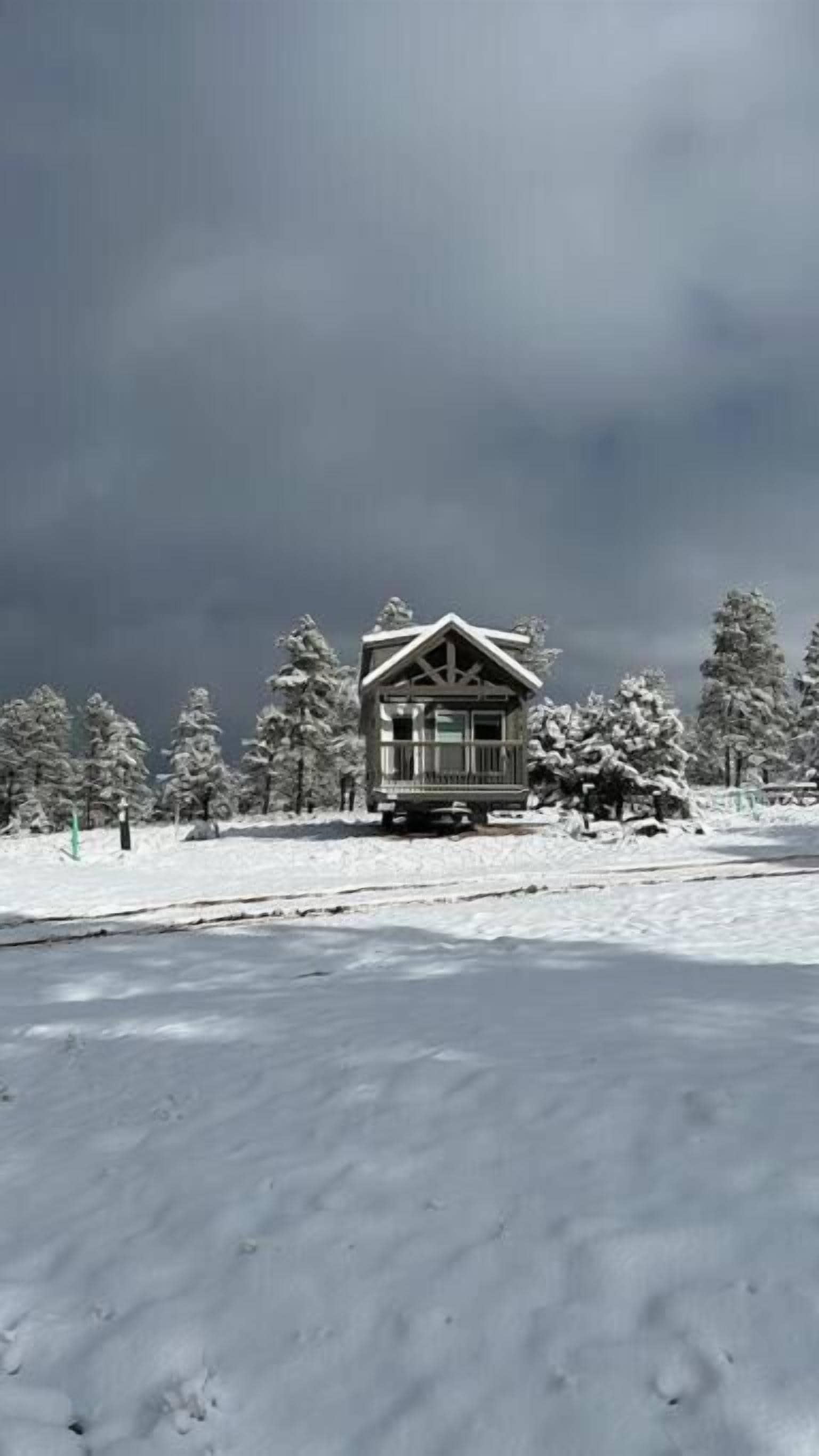 A snow-covered lodge with a symmetrical facade, surrounded by snow-laden trees.