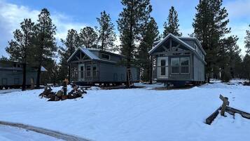 Two cabins with a snow-covered ground, surrounded by tall pine trees.