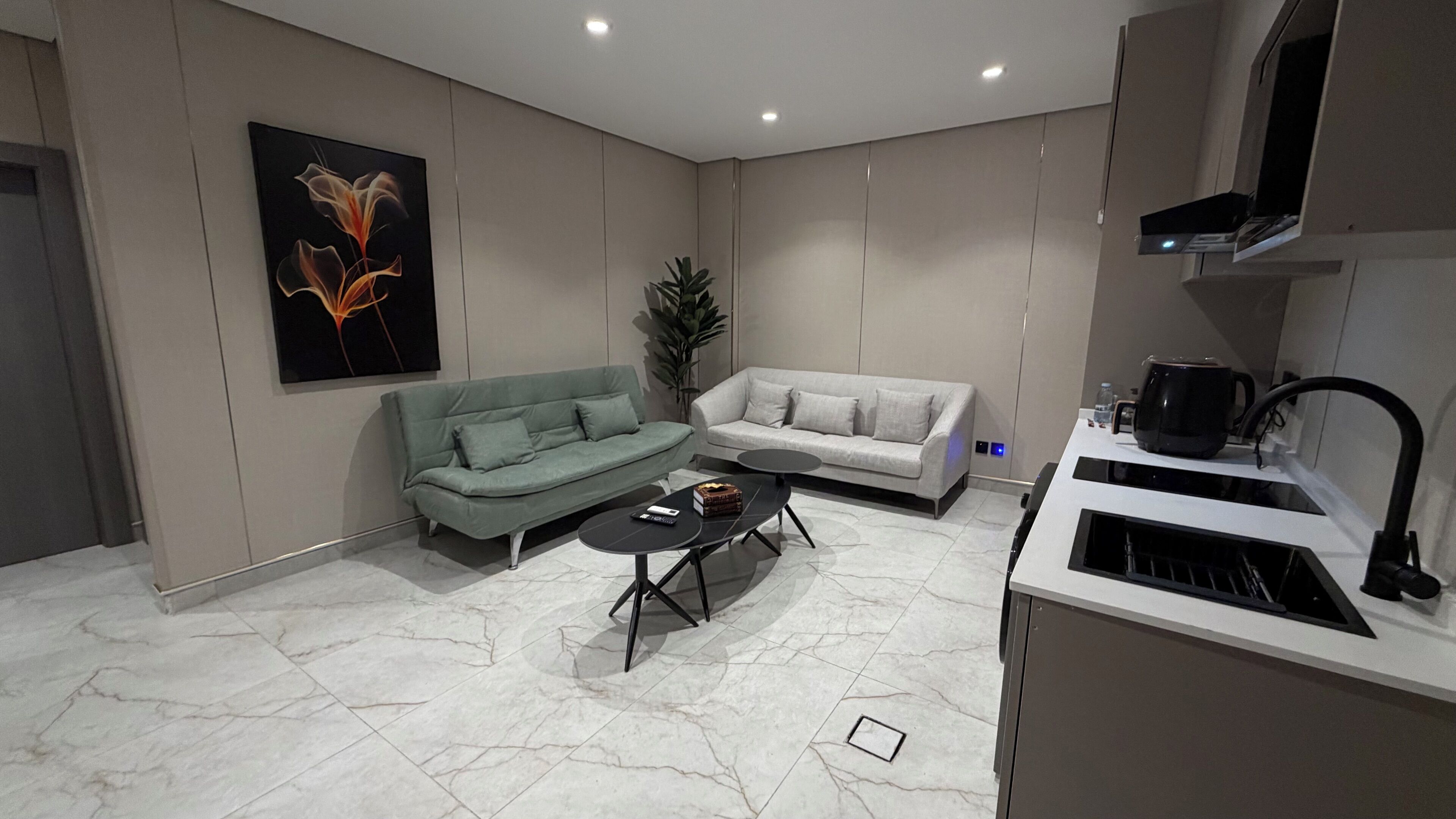 Uma sala de estar moderna com dois sofás, uma mesa de centro, um vaso de planta e uma cozinha com uma chaleira.