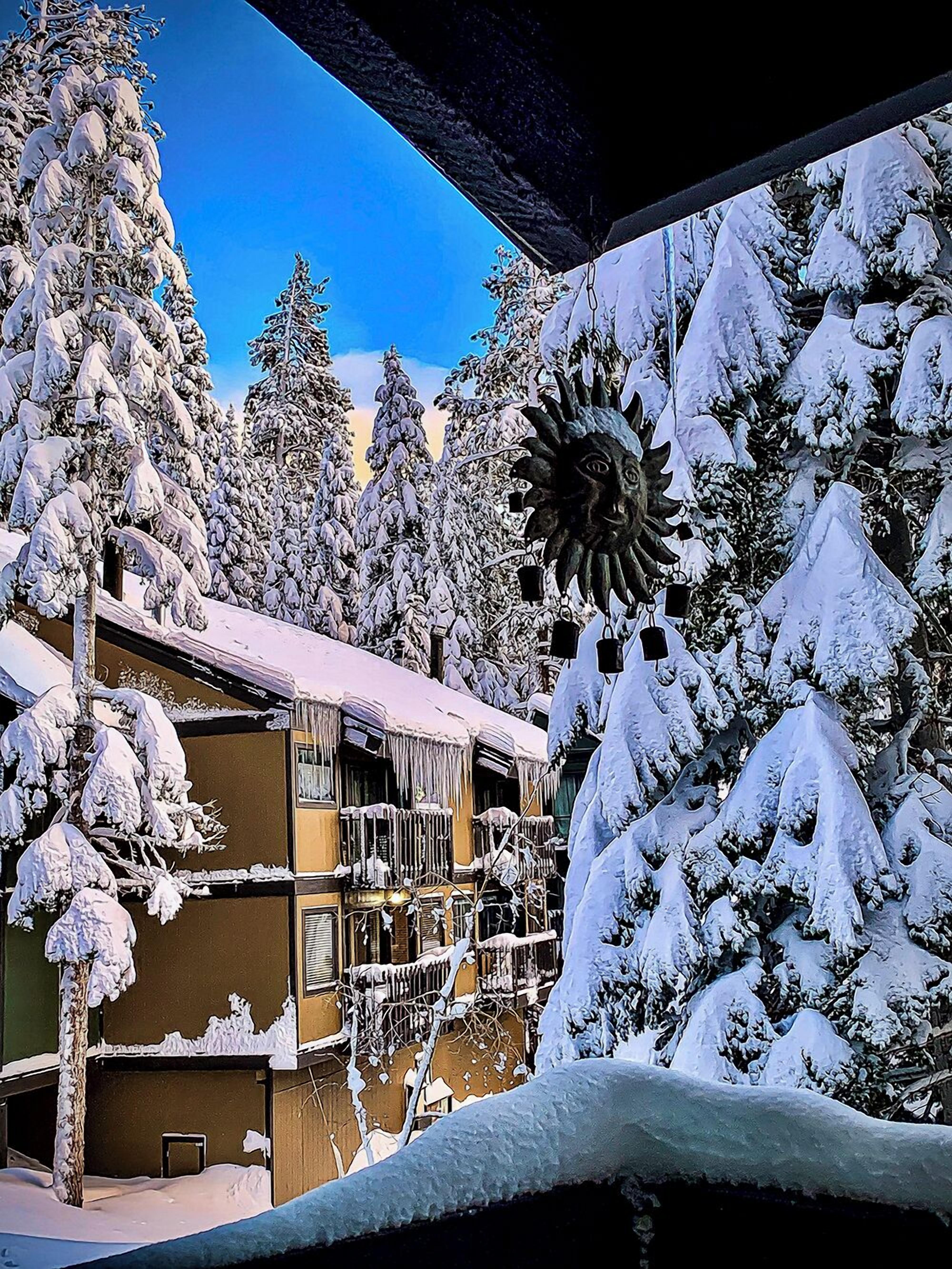 Ein mit Schnee bedecktes Gebäude mit einem Balkon, umgeben von schneebedeckten Bäumen.