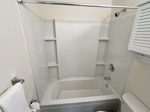 Hair dryer, towels, soap, toilet paper