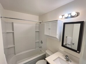 Hair dryer, towels, soap, toilet paper