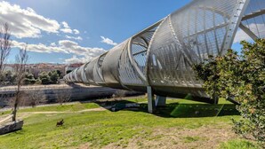 Une grande structure métallique incurvée, dotée d’une surface en forme de treillis, installée dans un espace verdoyant, avec un ciel dégagé et des bâtiments visibles au loin.