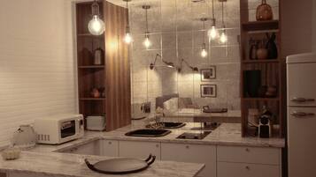 Fridge, microwave, stovetop, coffee/tea maker