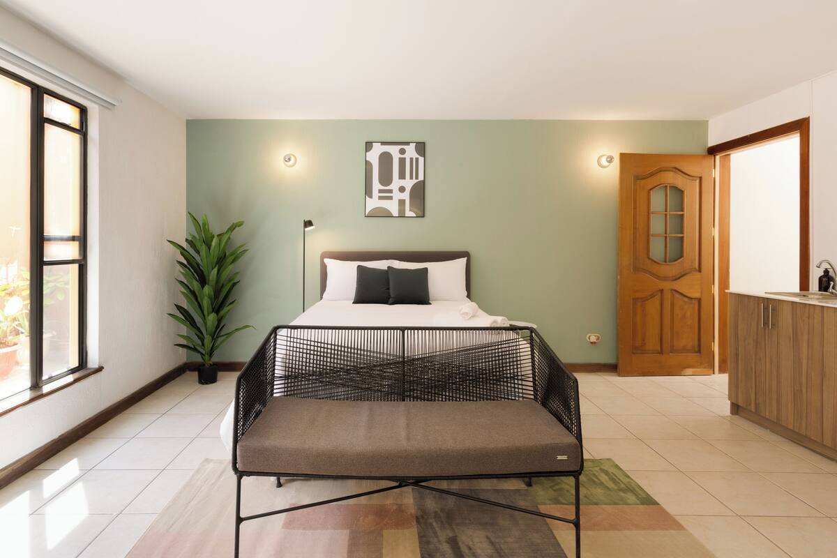 Une chambre à coucher moderne avec un lit, un banc, une plante en pot et une porte.