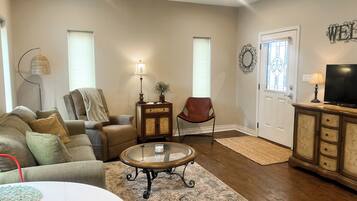 Smart TV, fireplace, books