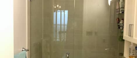 Shower, jetted bath, hair dryer, towels
