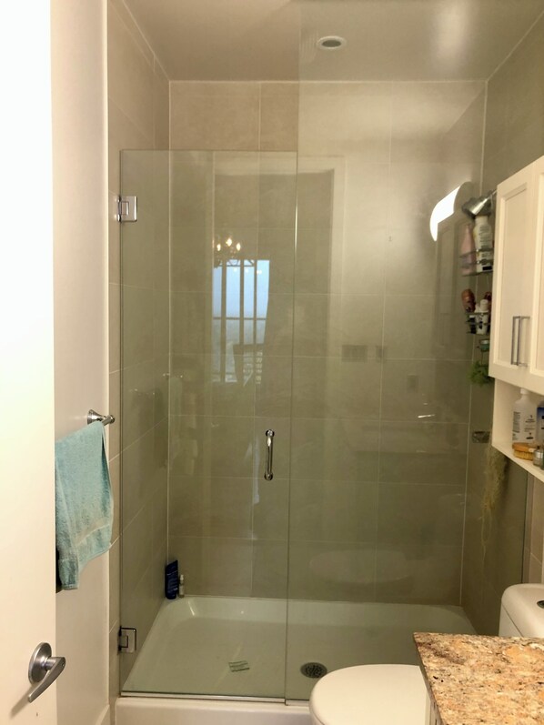 Shower, jetted tub, hair dryer, towels
