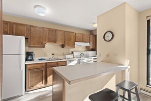 Fridge, microwave, oven, stovetop - Riverview Unit 22 | All the Essentials Riverside Condo with Access to Pool & Hot Tub (Aspen)