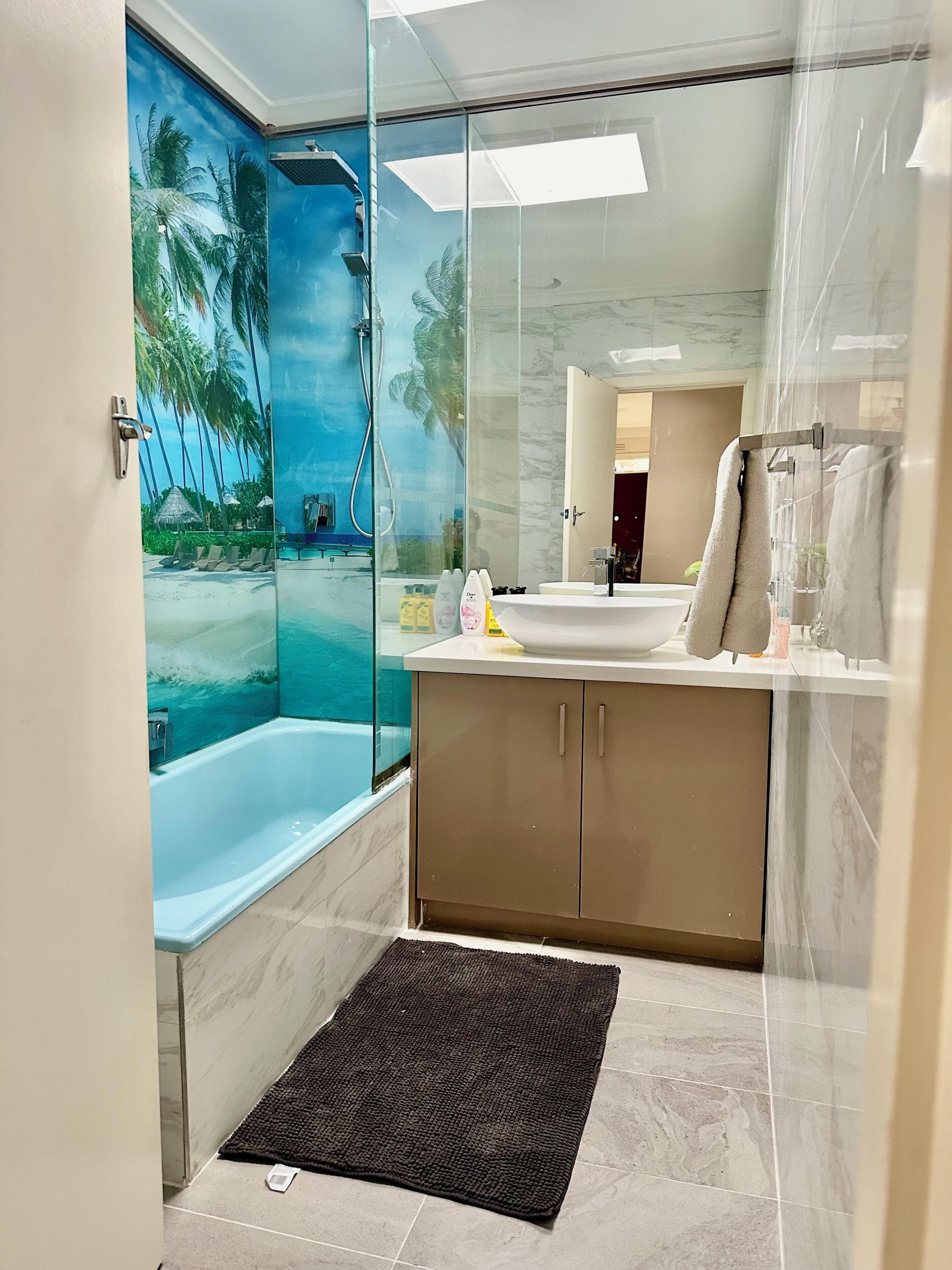 Hair dryer, towels, soap, toilet paper