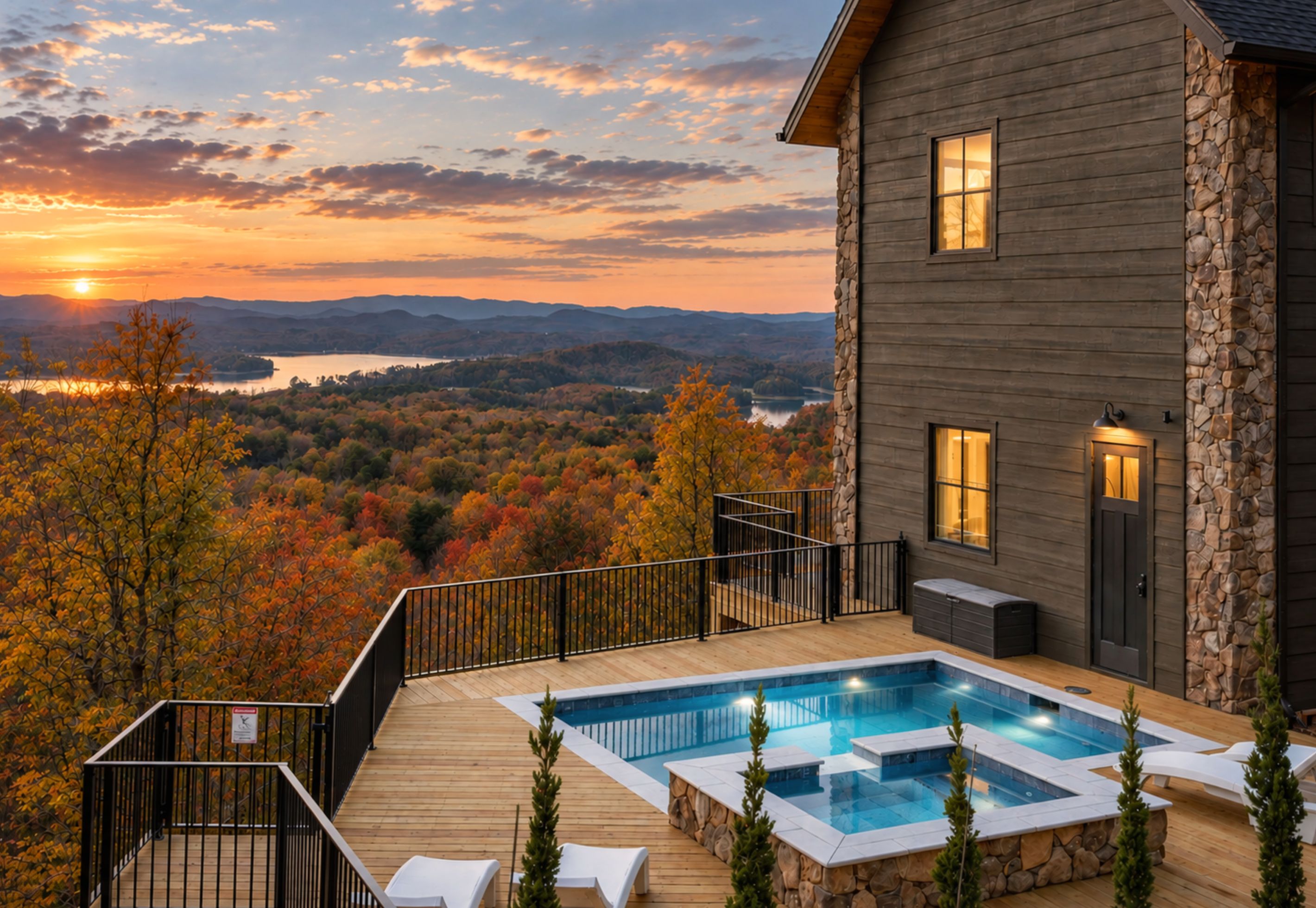 Terraza de madera con jacuzzi, con vista a un paisaje otoñal y un lago.