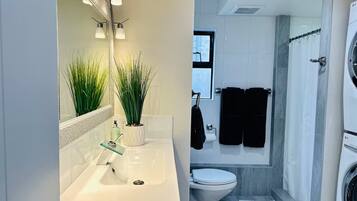 Shower, hair dryer, towels, soap