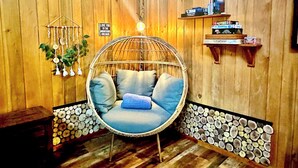 Una habitación con un sillón colgante circular, paredes de madera, un estante pequeño con libros y una planta en la pared.