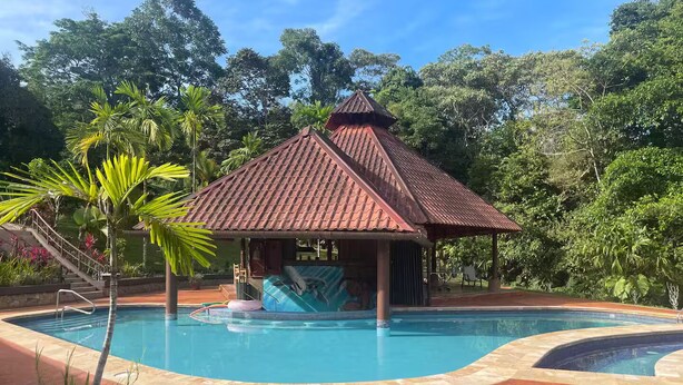A swimming pool with a tiled roof structure, surrounded by lush greenery and a potted plant. - 1A Jungle Mountain Getaway (Ciudad Cortés)