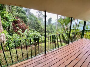 Une terrasse en bois, agrémentée d’une rambarde en métal, offre une vue sur un jardin luxuriant où s’épanouissent diverses plantes et arbres.