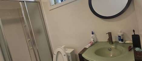 Hair dryer, towels, soap, toilet paper