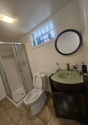 Hair dryer, towels, soap, toilet paper