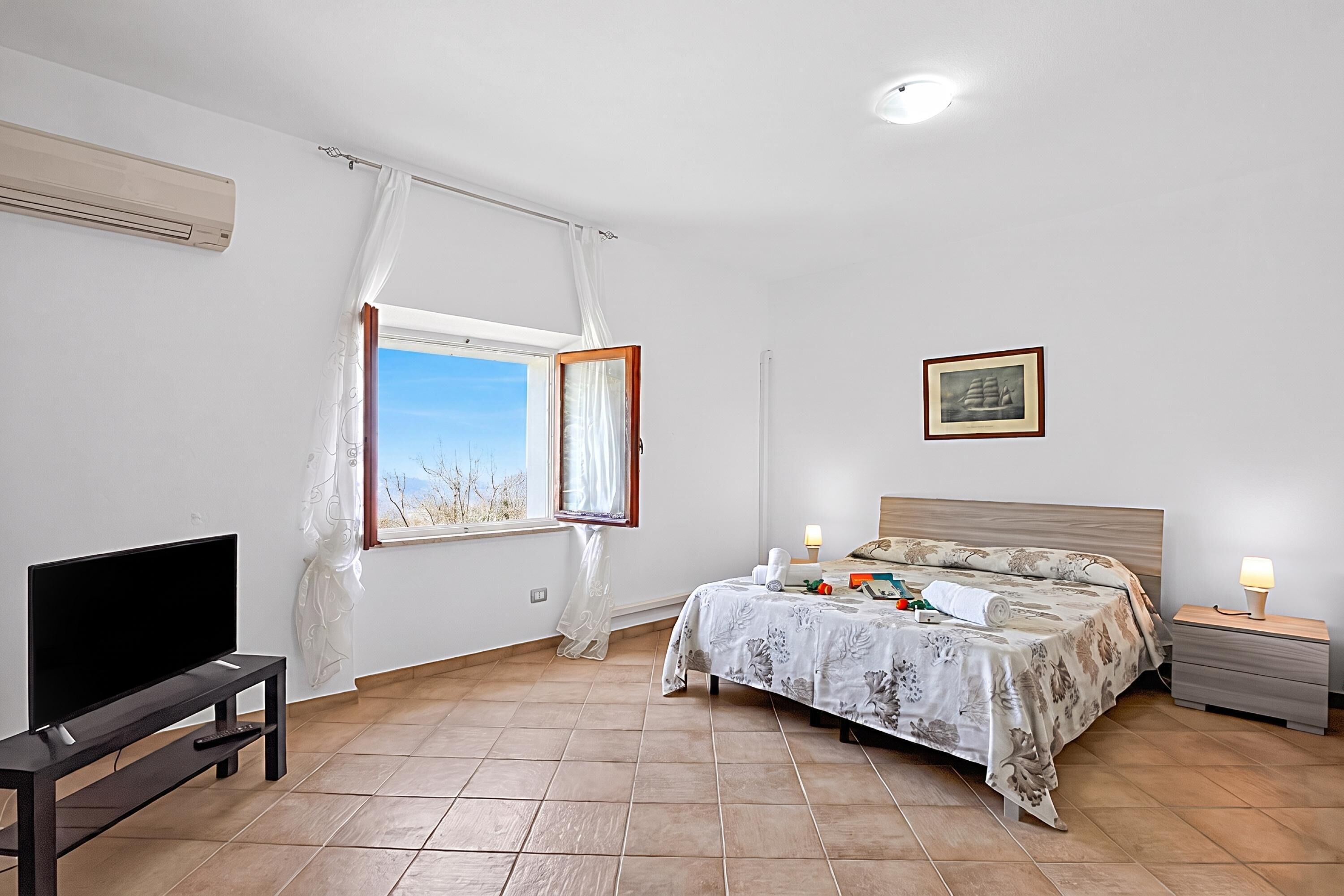 Una camera da letto con un letto, una TV, una finestra con tende, una lampada da comodino e un quadro appeso al muro.