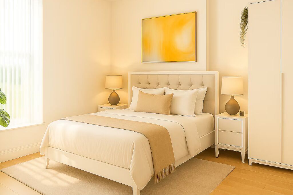 A bedroom with a bed, two bedside tables, a nightstand, a wall-mounted artwork, and a window with blinds.